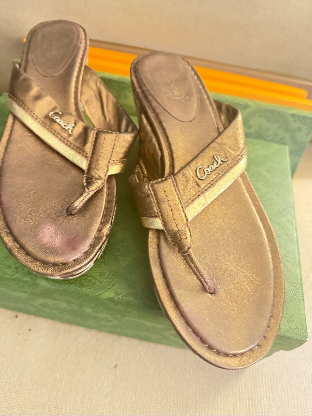 Coach Metallic Bronze Leather Thong Sandals